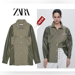 Zara olive green faux leather cotton studded utility shirt jacket shacket S NWT